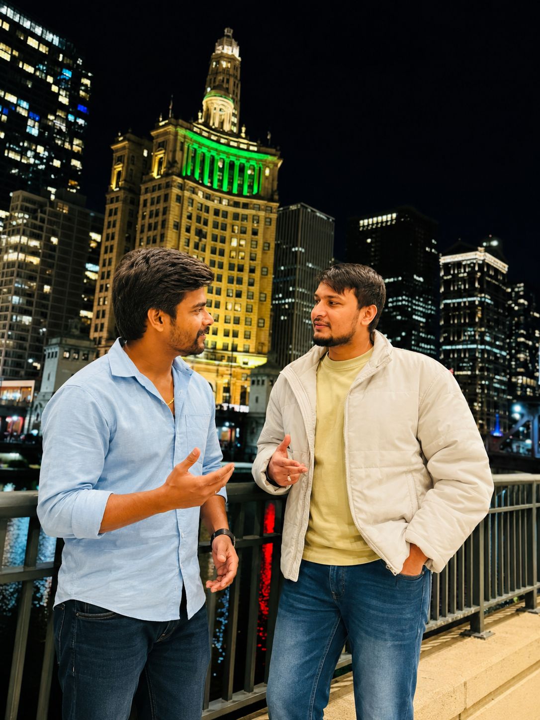 Founder discussing investment with client against city skyline